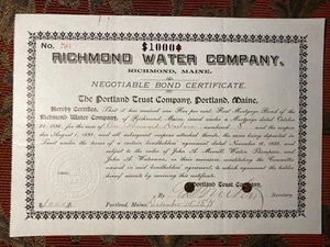 1898 Richmond Water Company certificato obbligazionario $1000 - Foto 1 di 3
