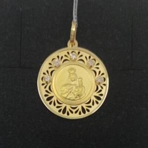 Pendente Oro 18K 750 Mls. Medaglia Vergine Del Carmen Con Zirconie 20 MM. - Foto 1 di 5