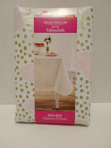 Valentines/Wedding White with Gold Dots and Pink Hearts PEVA Tablecloth 60X84 - Picture 1 of 9