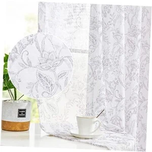 Farmhouse Sheer Curtains Grey Floral Printed 63 63"L Floral | Grey on White - Picture 1 of 8