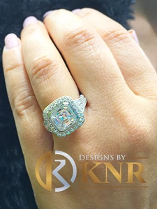 ANILLO DE COMPROMISO DE DIAMANTES SIMULADOS CORTE ASSCHER ORO BLANCO MACIZO 14K BISEL 4,00 CTW - Imagen 1 de 9