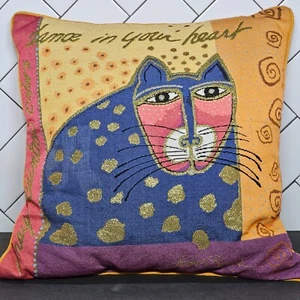Tapiz bordado Laurel Burch almohada gato firmada 16x16 rellena - Imagen 1 de 9