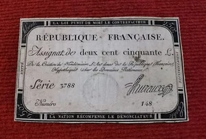 ASSIGNAT de DEUX CENT CINQUANTE LIVRES / L'an 2 1793 / Série 3788 / signé HUREUX - Imagen 1 de 2