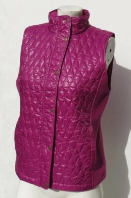 TALBOTS Magenta Glossy Diamond Quilted Stretch Rib Knit Zip + Snap Vest Jacket S - Image 1 of 4