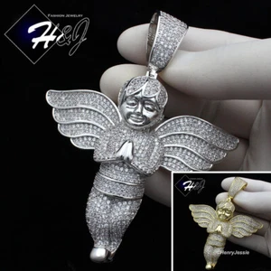 MEN 14K GOLD PLATED ICY BLING CZ GOLD/SILVER OVERSIZE 3D ANGEL WING PENDANT*B3 - Picture 1 of 8