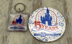 Vintage 3” Walt Disney World 1986 "15 YEARS" Anniversary Button Pin & Keychain - Picture 1 of 4