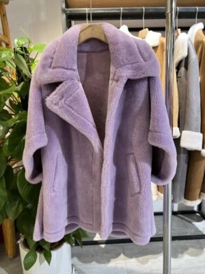 Mujeres Capa Cuello Solapa Medio Largo Suelto Calce Lana de Cordero Abrigo de Piel de Oveja Real Foto 1 de 4