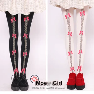 Womens Lolita Bows Golden Braid Velvet Tights Cute Harajuku Pantyhose Soft - Picture 1 of 7