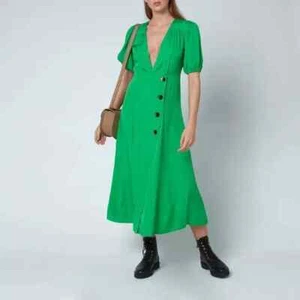 GANNI Ripstop green midi wrap dress sz 36 / 8 rrp US$295 puff sleeve WITH FLAW - Picture 1 of 12