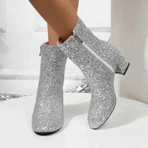 Fashion Sequins Boot Round Toe Chunky Heels Ankle Boots Autumn Winter Party Shoe - Picture 1 of 19