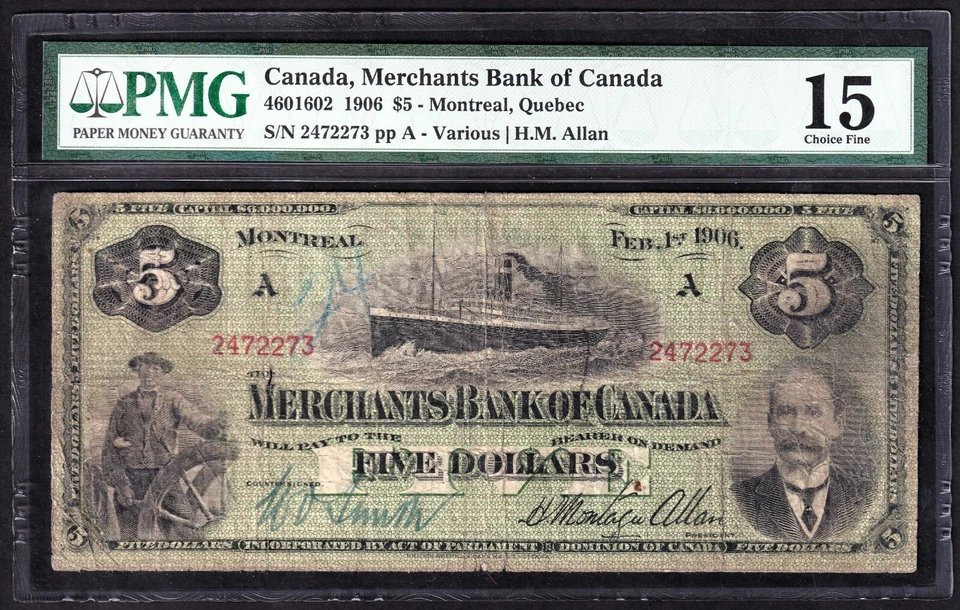 1906 Merchants Bank Of Canada $5 Five Dollar Banknote Allan 2472273 A PMG 15 - Image 1 of 2