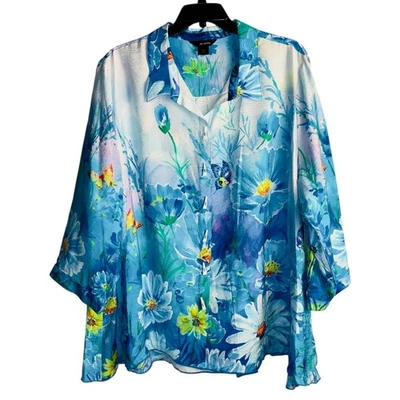 Túnica Ali Miles para mujer 3X azul mariposa floral abotonada nueva con etiquetas Foto 1 de 4