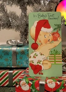 De Colección Gibson Bebé Primera Tarjeta de Felicitación de Navidad Flocado Botines Sombrero Sin Usar - Imagen 1 de 5