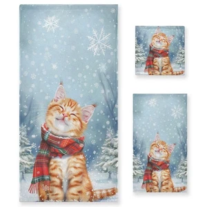 Weihnachten Winter Handtücher 3er Set Niedlich Katze Tragen Karo Schal Badetuch... - Bild 1 von 8
