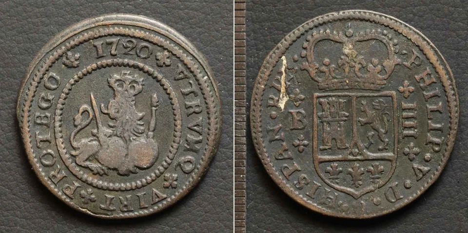*Spain Coin 4 Maravedis 1720 Barcelona Mint Barcelona Spanish Espana[E12384]7v5 - Image 1 of 1