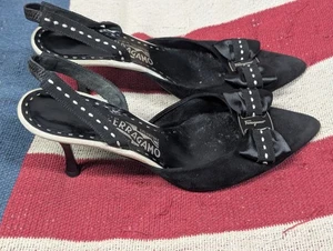 Salvatore Ferragamo Black Suede Pointed Toe Bow Slingback heels pumps size 8.5 C - Picture 1 of 14