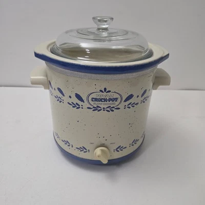 Vintage Rival Stoneware 3150/2 Crock Pot Slow Cooker Blue Flowers Works 3.5 Qt - Image 1 of 4