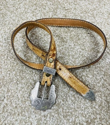 Cinto Vintage Western Alpaca México Fivela de Prata Pele de Enguia Bronzeada Tamanho 28 Genuíno - Imagem 1 de 4