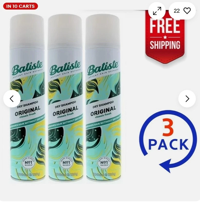 Champú Seco Batiste Original Clásico Fresco 200 ml Paquete de 3 Refrescos Instantáneos para el Cabello Foto 1 de 4