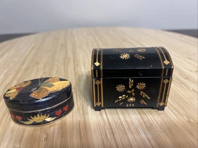 Vintage Lacquer Ware Butterfly Wood FLORAL STASH BOX Trinket, Japan, Set Of 2 - Image 1 of 4