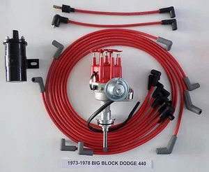1973-1978 BB DODGE 440 SMALL Cap HEI Distributor BLACK 45K COIL,Spark Plug Wires - Foto 1 di 1