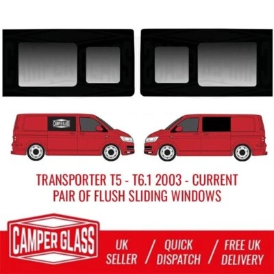 VW Transporter T5-T6.1 Pair of FLUSH Sliding Privacy Windows Tinted 2003-Current - Image 1 of 4