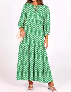 NWT S Bohemian Green Floral Long Flowy Summer Dress 3/4 Puff Sleeve Empire Waist - Picture 1 of 20