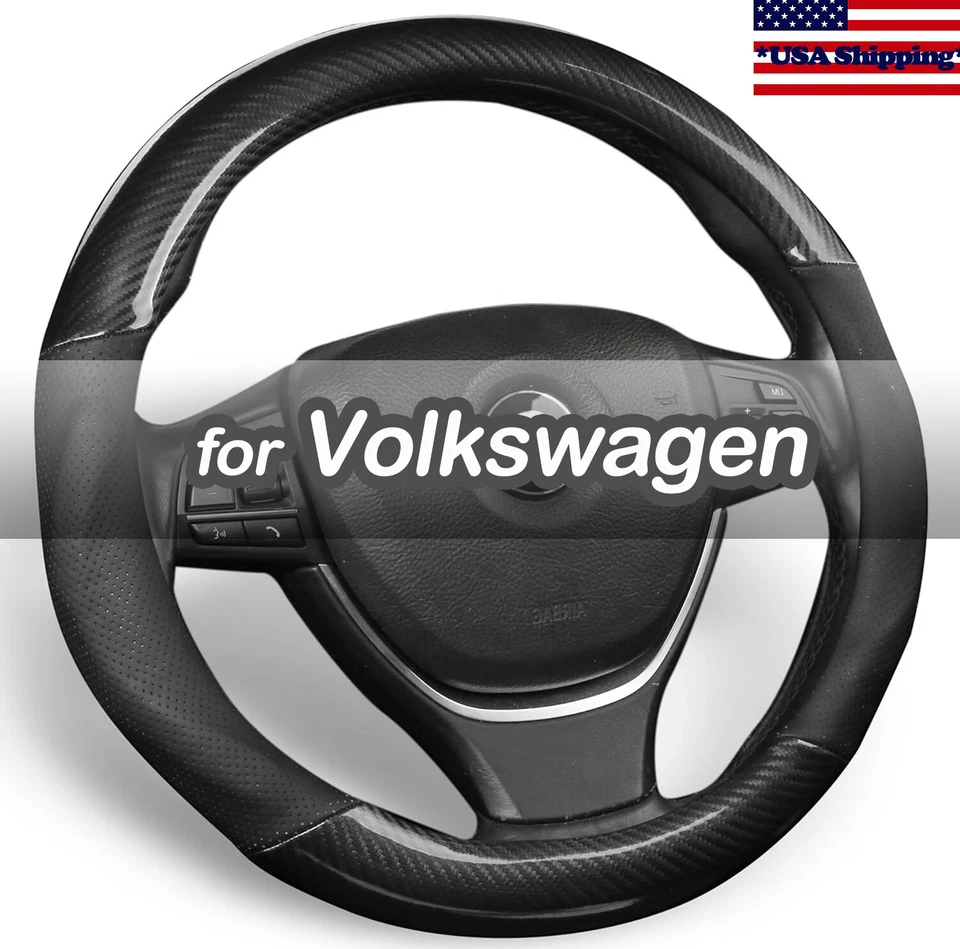 Black 15" Diameter Car Auto Steering Wheel Cover Deluxe Leather For VOLKSWAGEN - Image 1 of 4