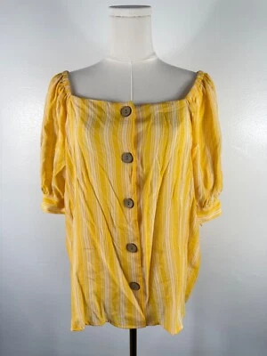 Blusa feminina Lauren Conrad LC listrada amarela média gola barco botão para cima  - Imagem 1 de 4