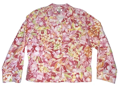Talbots Tropical Print Jacket Women’s XL Stretch Denim Pink Floral Pockets - Image 1 of 4