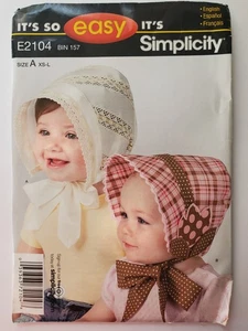 E2104 Simplicity XS S M L EASY Baby And Toddler Bonnet Sun Hat Pattern - Picture 1 of 2