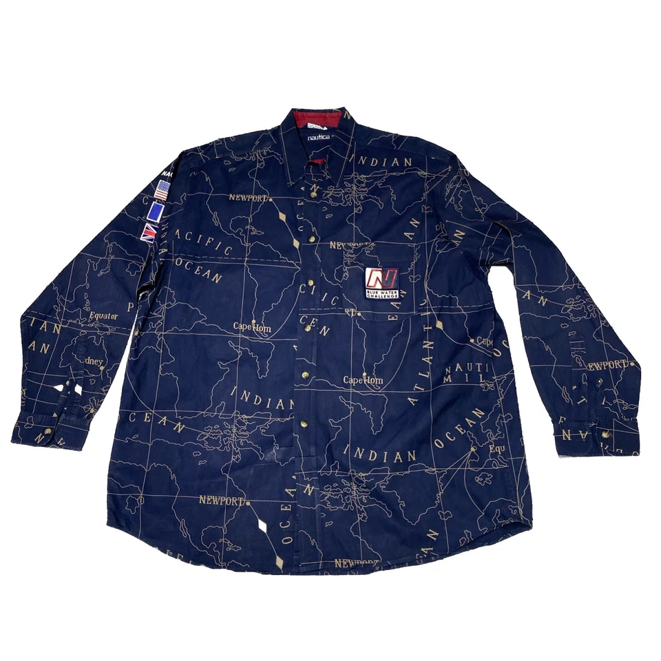 Camisa De Colección AOP Nautica Azul Desafío Agua Mapa Océano Para Hombres XL Bordada Informal Foto 1 de 4