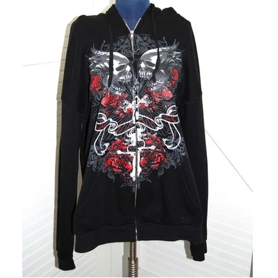 Y2K Hoodie Womens XL Sweatshirt Skull Print Zip Up Pockets Black Gothic - Image 1 of 4