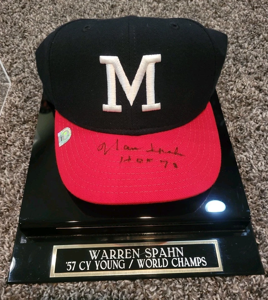 Warren Spahn Autographed Milwaukee Braves Hat COA MLB with Display Case RARE HOF - Image 1 of 4