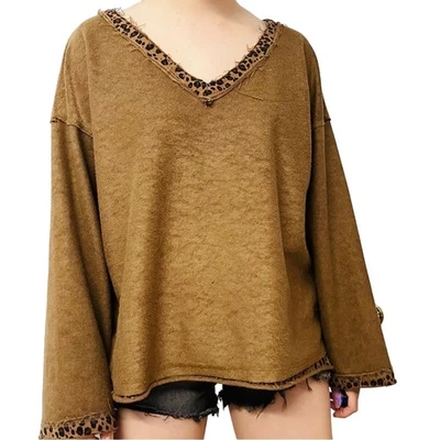 POL Sweater Animal Print Brown Oversized V-Neck Leopard Cheetah Boho Size Medium - Image 1 of 4