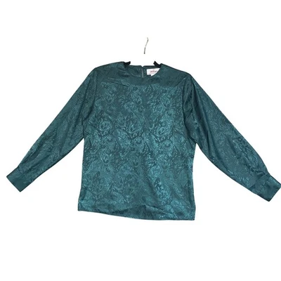 Blusa Worthington Petite Talla 6P Verde Esmeralda Floral Damasco Manga Larga Top Foto 1 de 4