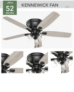 Hunter Kennewick Fan 52 inch Matte Black Flush Mount Gray Blades With Light - Picture 1 of 3