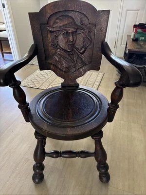 Antique George Arndt German Carved Man w/ Pipe Tavern Pub Chair Quarter Sawn Oak - Image 1 of 3