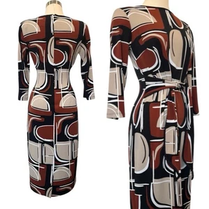 Joseph Ribkoff Geometric Print Stretch Knit Sheath Knot Detail Pencil Dress 6 - Picture 1 of 11