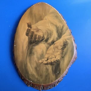 Targa quadro grande corteccia fetta legno religioso vintage "Vieni da me" mani di Gesù - Foto 1 di 10