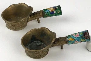 2 Vintage Incense Burner Ashtray Embossed Brass Enamel Handle China Need Repairs - Picture 1 of 12