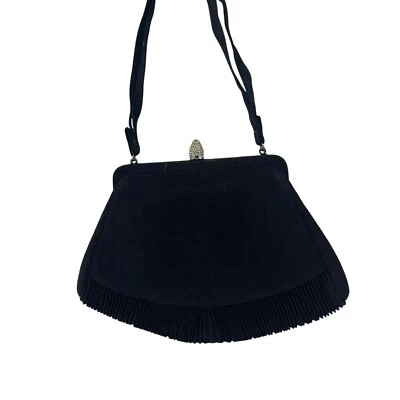 Vintage Magid Black Fabric Silver Kiss Lock Pleated Formal Evening Bag Clutch - Image 1 of 4