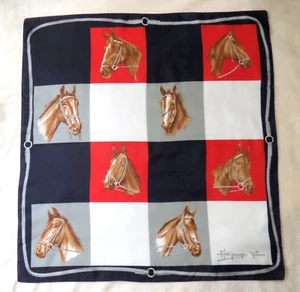 VTG Designer Signed France Equestrian Horses Scarf Polyester Black Red & White - Picture 1 of 7