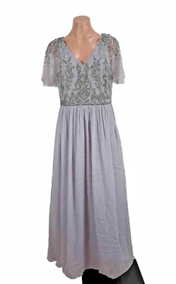 ADRIANNA PAPELL Beaded Mesh Overlay Gown with Flutter Sleeves Sz 12 Gray Purple - Image 1 of 4