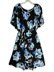 Elle Womens 2 PC Blouse Skirt Set Size L Black Blue Floral Print - Picture 1 of 10