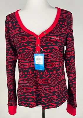 *NOVO COM ETIQUETAS* COLUMBIA Algodão Elástico 'Holly Hideaway Henley Top' - G, Vermelho Preto - Imagem 1 de 4