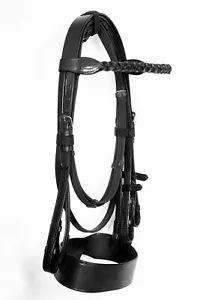 LEATHER HUNTER BRIDLE WITH 2" NOSEBAND & PLAITED BROWBAND BLACK COLOUR, XL, L, M - Picture 1 of 3