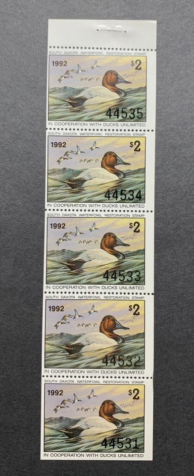 South Dakota 1992 - State Duck Stamps - Mint OG NH **Booklet Strip of 5** - Image 1 of 2