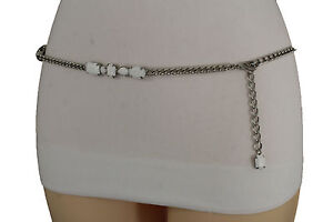 Women Silver Metal Chains Fashion Belt Hip High Waist White Beads Charms S M L