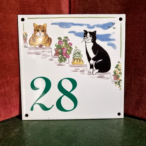 Enamel house number 28 sign Door wall street Vintage French plaque Cat Flowers Cover
